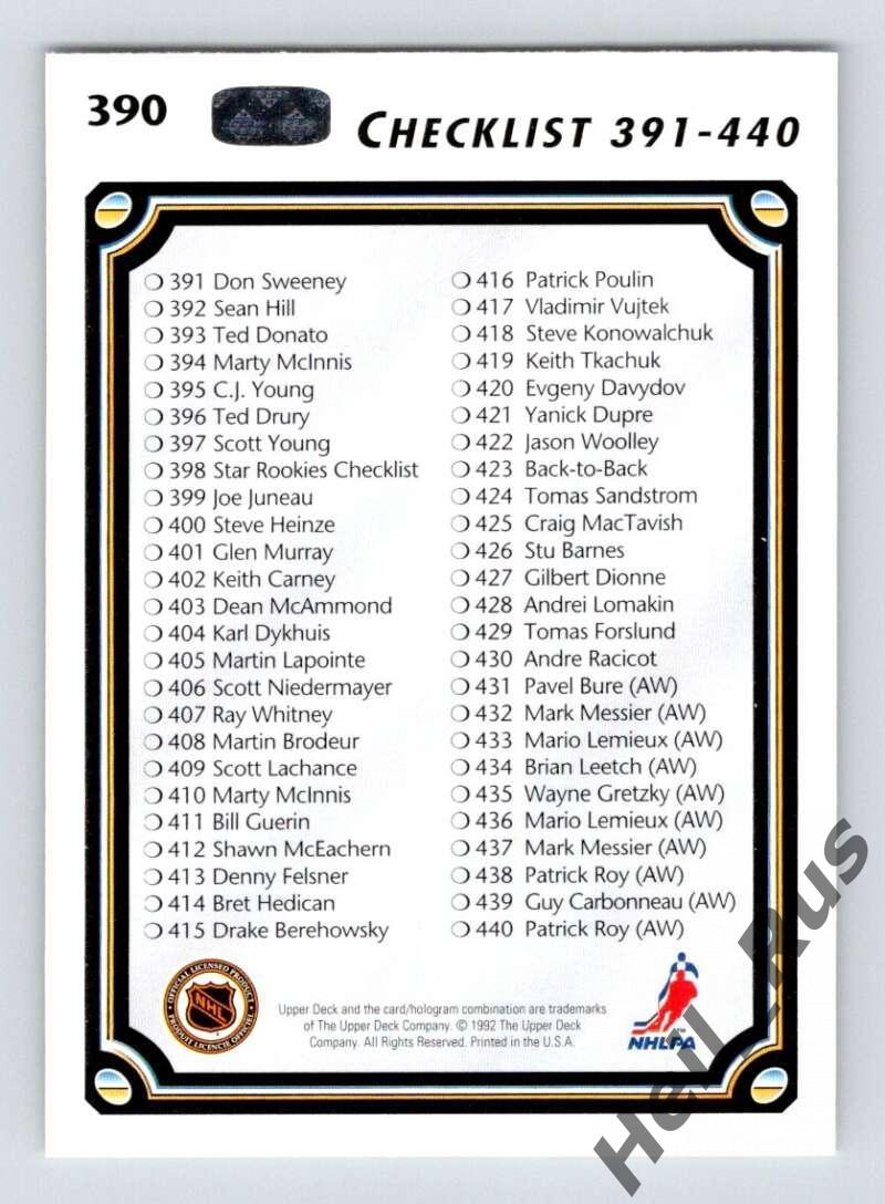 Хоккей; Карточка Checklist/Чеклист коллекции 1992-1993 Upper Deck Hockey НХЛ/NHL 1