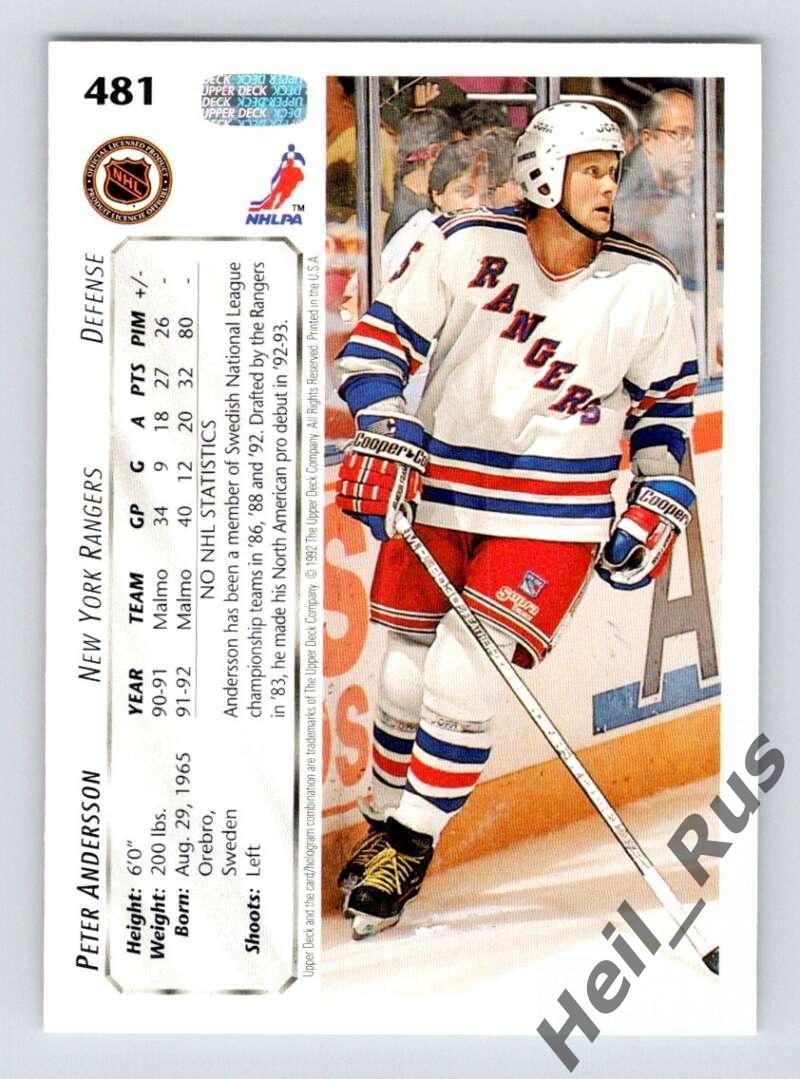 Карточка Peter Andersson/Петер Андерссон (New York Rangers/Рейнджерс) НХЛ/NHL 1