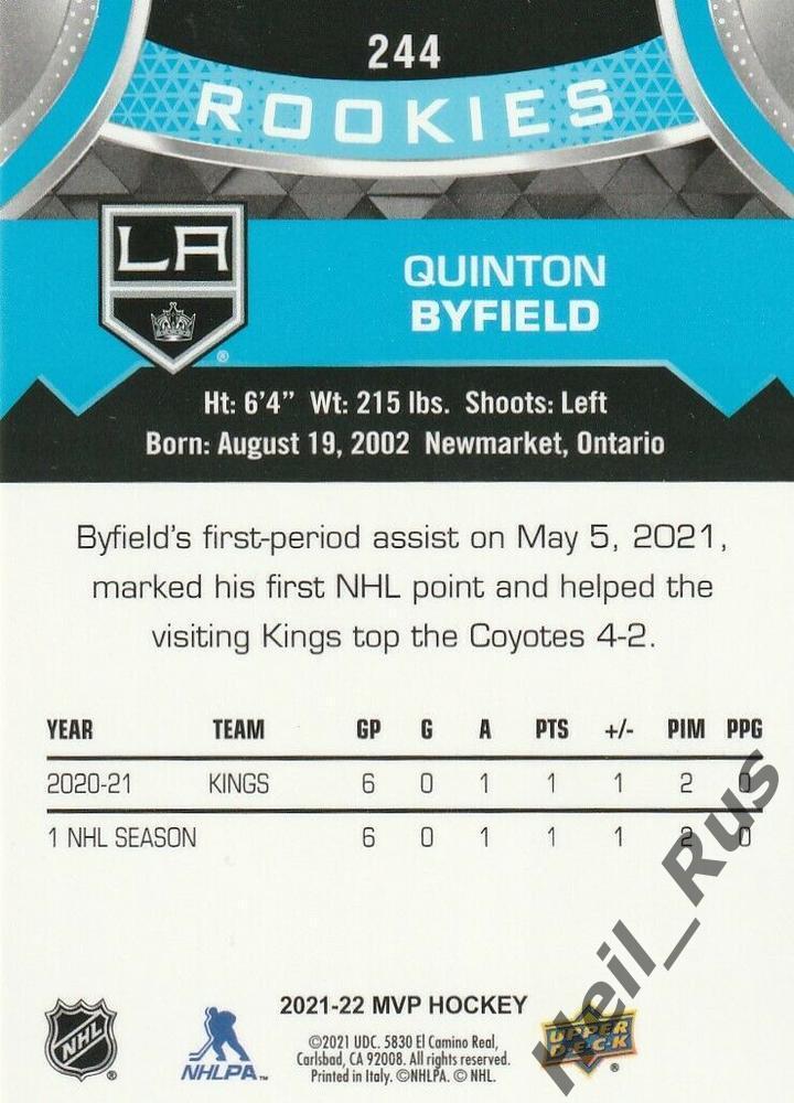 Карточка Quinton Byfield/Куинтон Байфилд Los Angeles Kings/Лос-Анджелес НХЛ/NHL 1