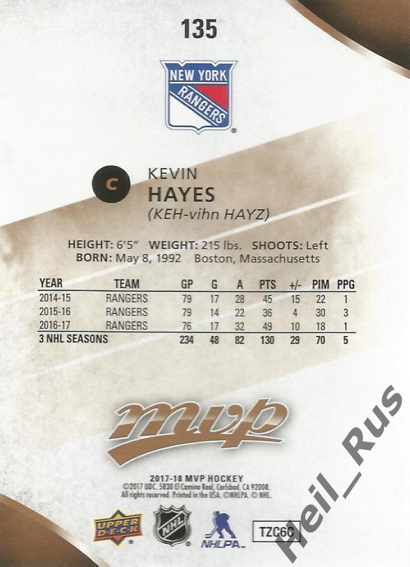 Карточка Kevin Hayes/Кевин Хейз (New York Rangers / Нью-Йорк Рейнджерс) НХЛ/NHL 1