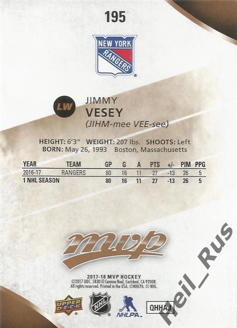 Карточка Jimmy Vesey/Джимми Веси (New York Rangers/Нью-Йорк Рейнджерс) НХЛ/NHL 1