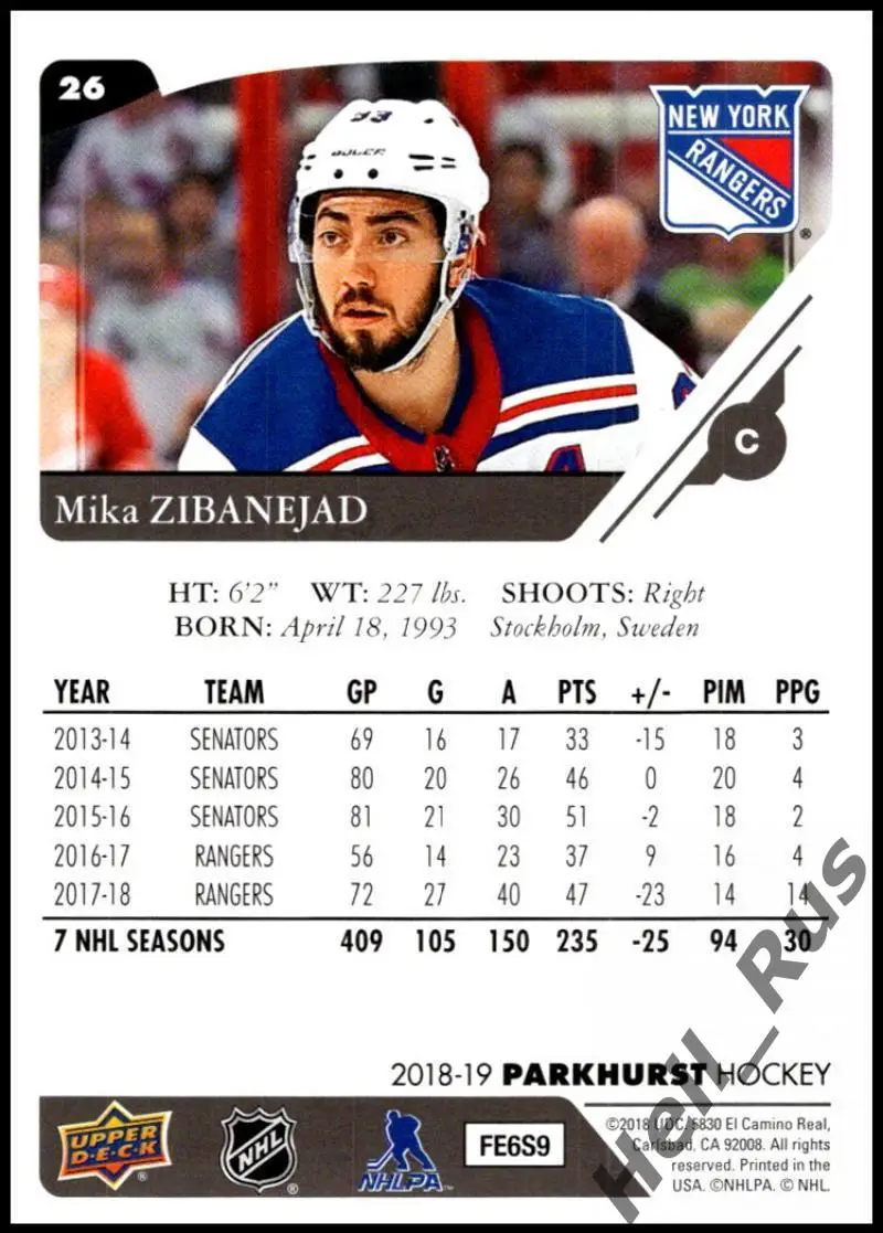 Хоккей Карточка Mika Zibanejad/Мика Зибанежад New York Rangers/Рейнджерс NHL/НХЛ 1