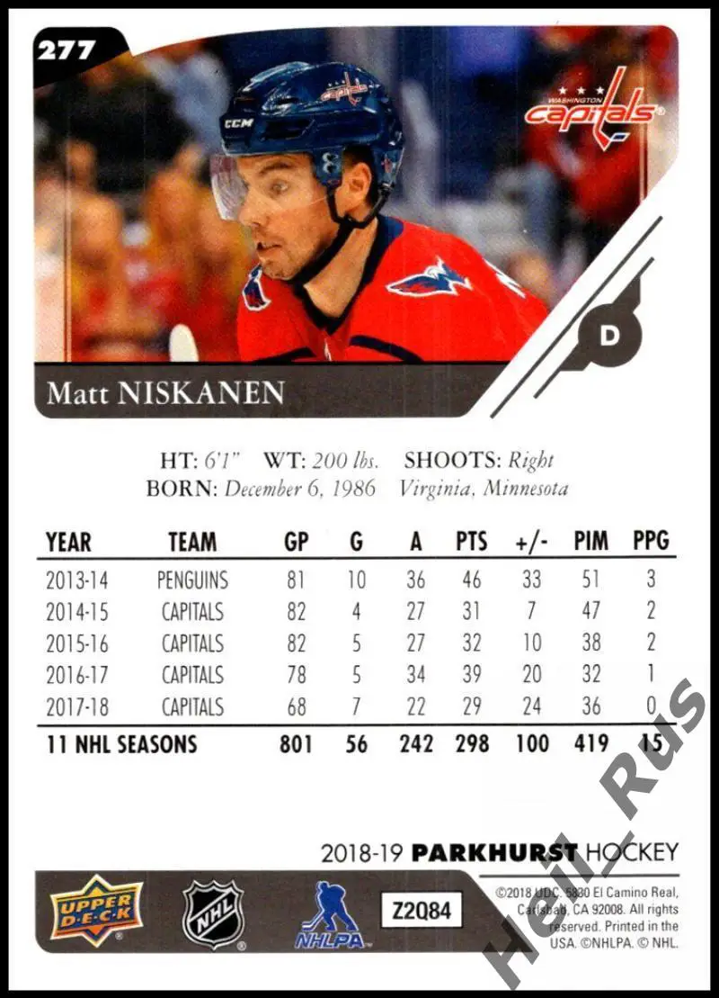 Карточка Matt Niskanen/Мэтт Нисканен (Washington Capitals/Вашингтон) НХЛ/NHL 1