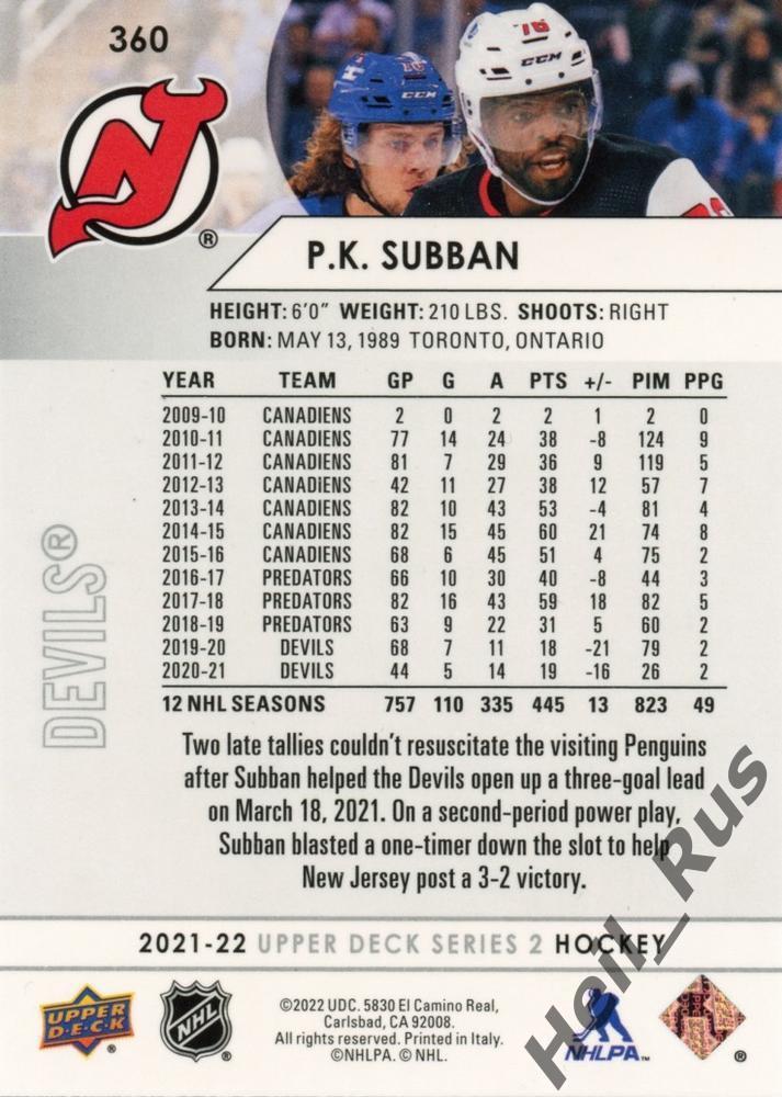 Карточка P. K. Subban/Пи-Кей Суббан New Jersey Devils/Нью-Джерси Девилз НХЛ/NHL 1