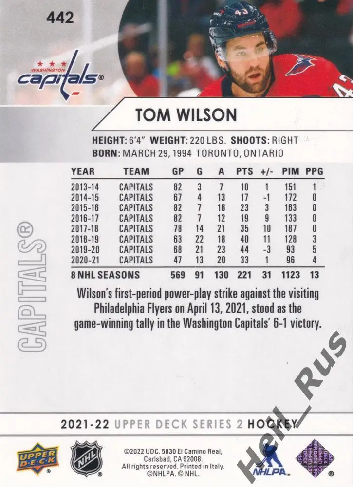 Хоккей; Карточка Tom Wilson/Том Уилсон (Washington Capitals / Вашингтон) НХЛ/NHL 1