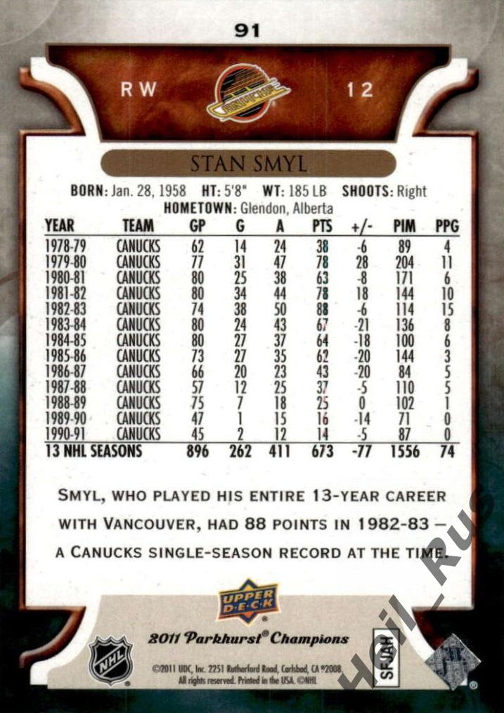 Хоккей. Карточка Stan Smyl/Стэн Смил (Vancouver Canucks/Ванкувер Кэнакс) НХЛ/NHL 1