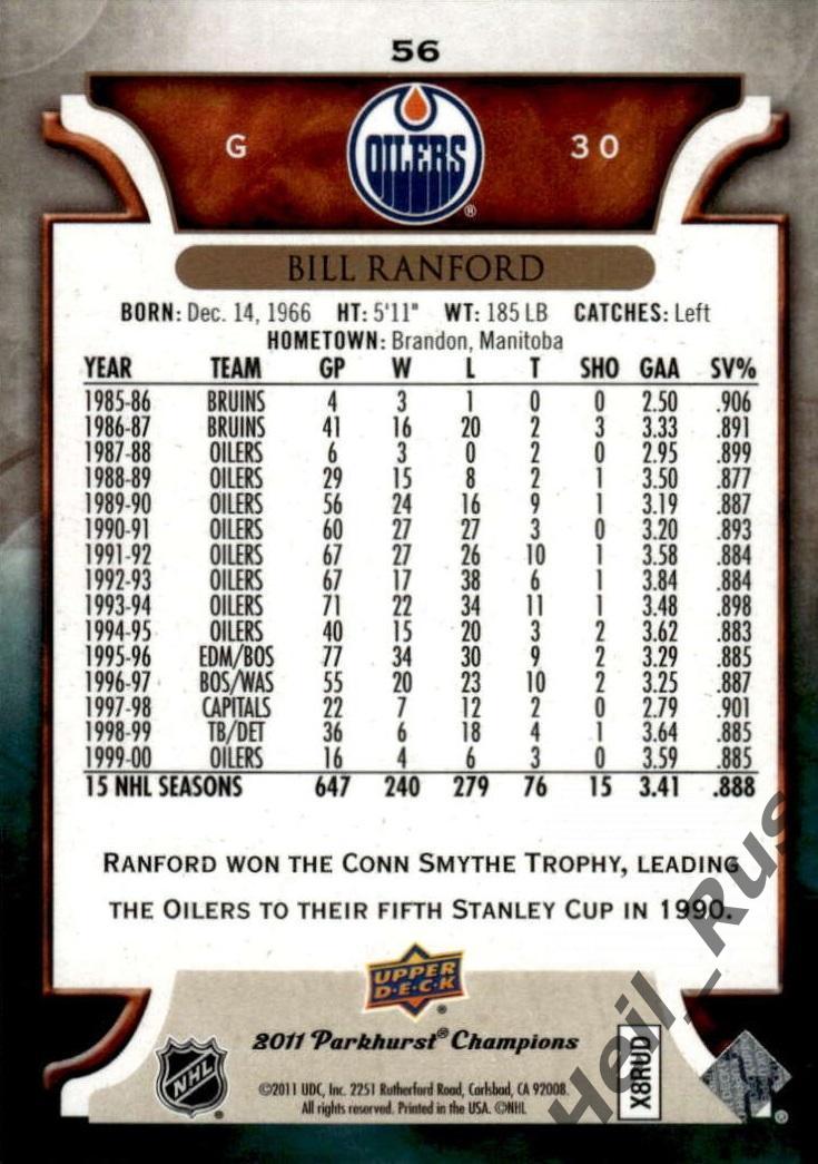 Хоккей. Карточка Bill Ranford/Билл Рэнфорд (Edmonton Oilers / Эдмонтон) НХЛ/NHL 1