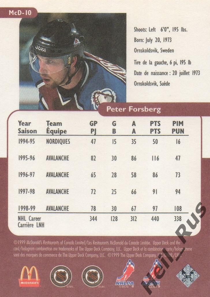 Карточка Peter Forsberg / Петер Форсберг (Colorado Avalanche / Колорадо) НХЛ/NHL 1