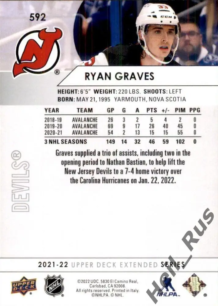 Карточка Ryan Graves/Райан Грейвс (New Jersey Devils/Нью-Джерси Девилз) НХЛ/NHL 1