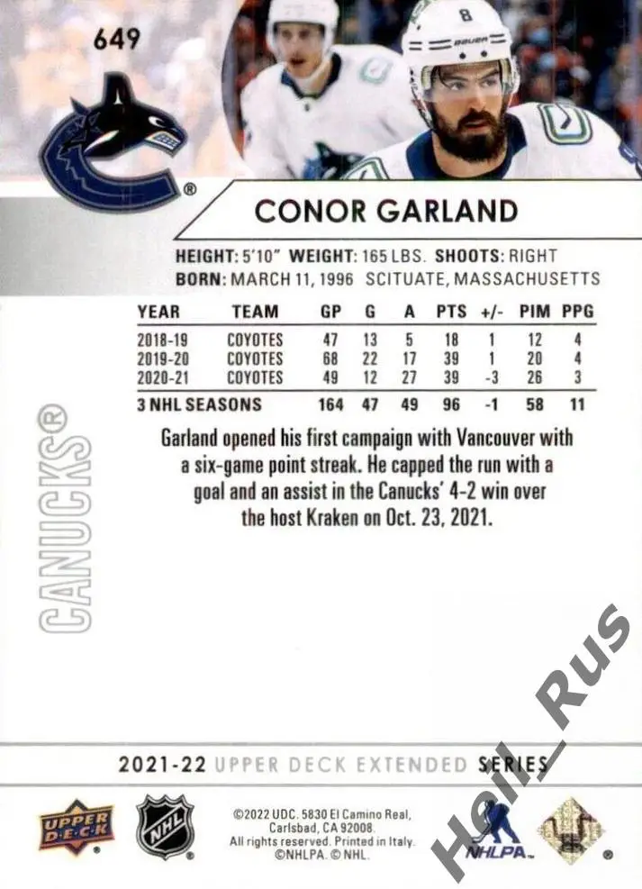Хоккей. Карточка Conor Garland/Конор Гарланд Vancouver Canucks/Ванкувер НХЛ/NHL 1