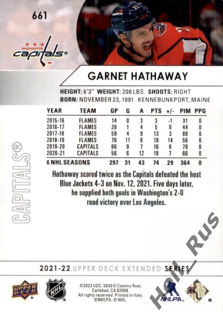 Карточка Garnet Hathaway/Гарнет Хэтэуэй (Washington Capitals/Вашингтон) НХЛ/NHL 1