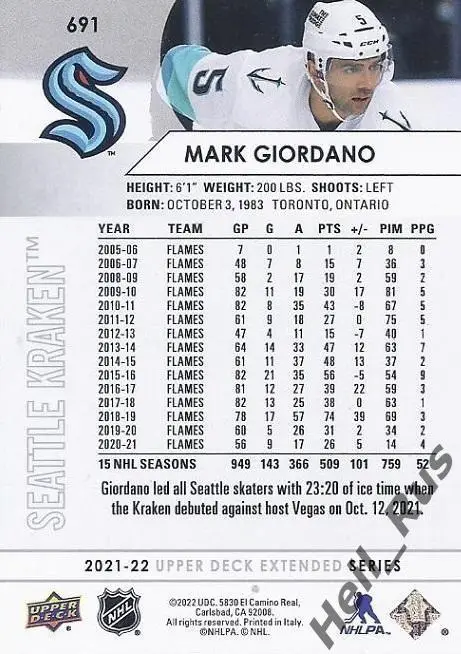 Карточка Giordano/Марк Джиордано (Seattle Kraken/Сиэтл, Динамо Москва) НХЛ/NHL 1
