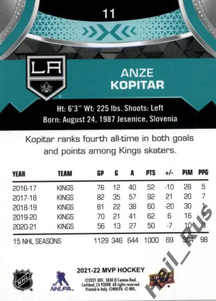 Карточка Anze Kopitar/Анже Копитар Los Angeles Kings/Лос-Анджелес Кингз НХЛ-NHL 1