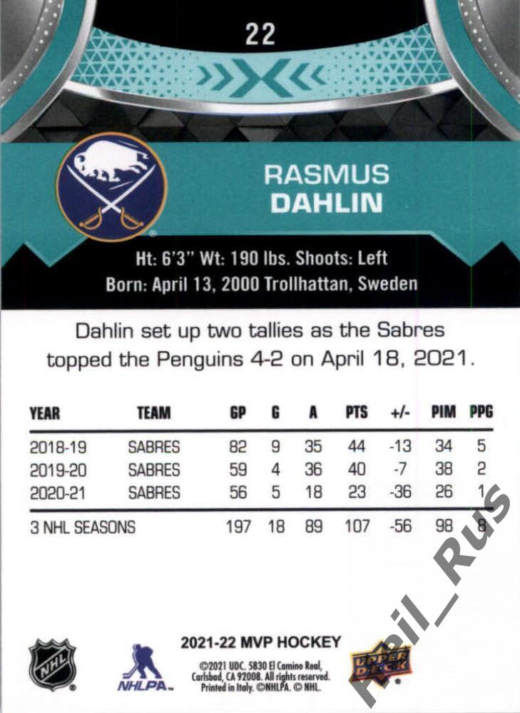 Хоккей Карточка Rasmus Dahlin/Расмус Далин Buffalo Sabres/Баффало Сейбрз НХЛ/NHL 1