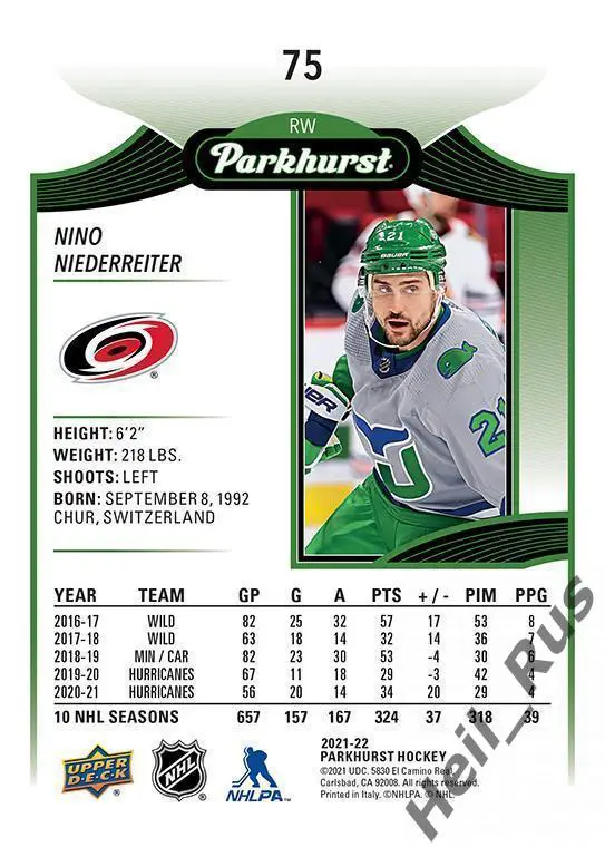 Карточка Nino Niederreiter/Нино Нидеррайтер Carolina Hurricanes/Каролина НХЛ-NHL 1