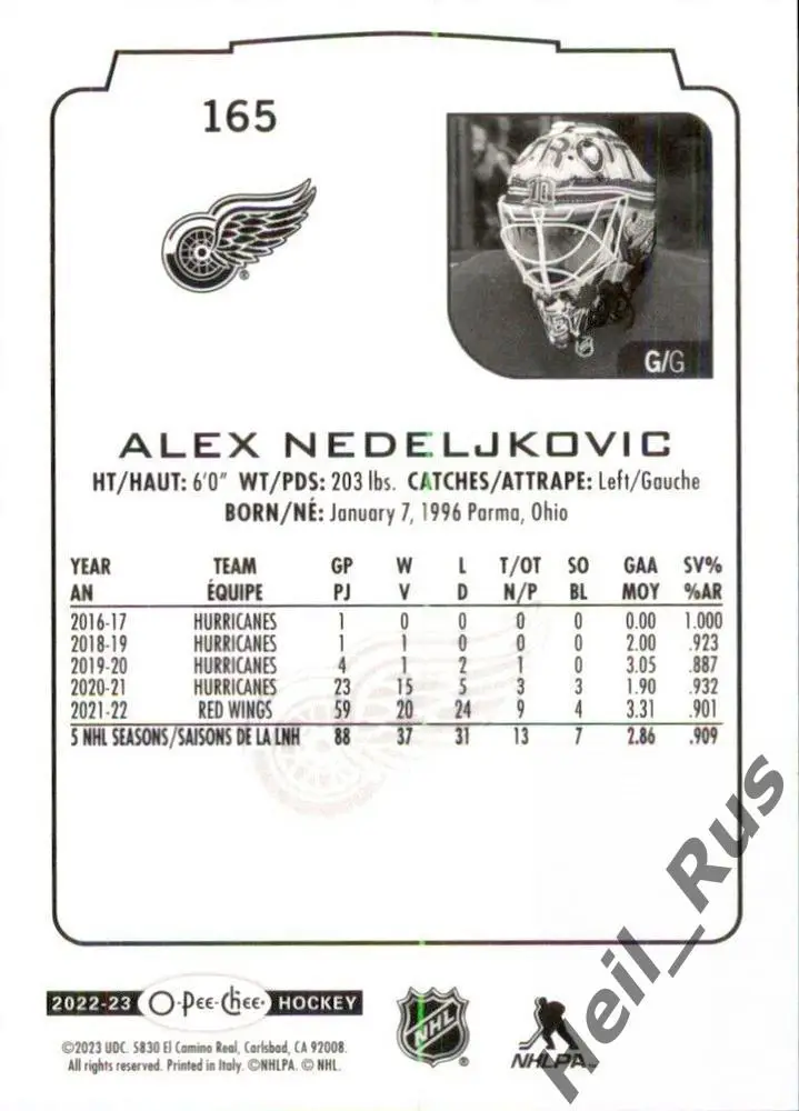 Карточка Alex Nedeljkovic/Алекс Неделькович (Detroit Red Wings/Детройт) НХЛ/NHL 1