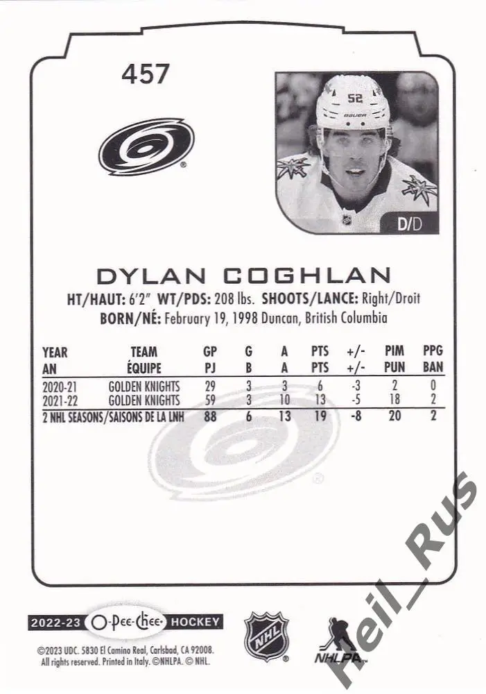 Карточка Дилан Коглан Vegas Golden Knights, Carolina Hurricanes/Каролина НХЛ/NHL 1