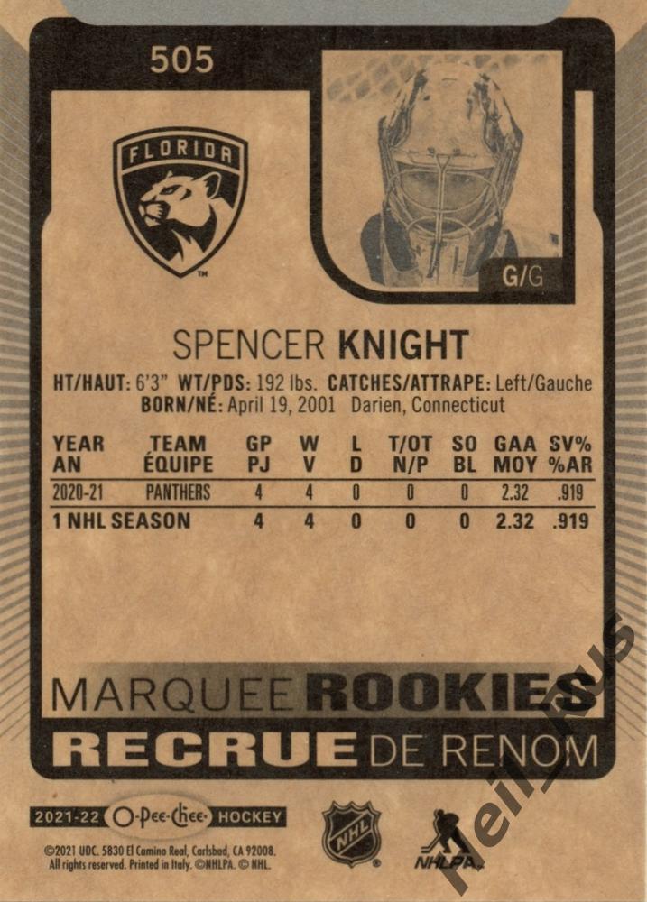 Хоккей; Карточка Spencer Knight/Спенсер Найт (Florida Panthers/Флорида) НХЛ/NHL 1