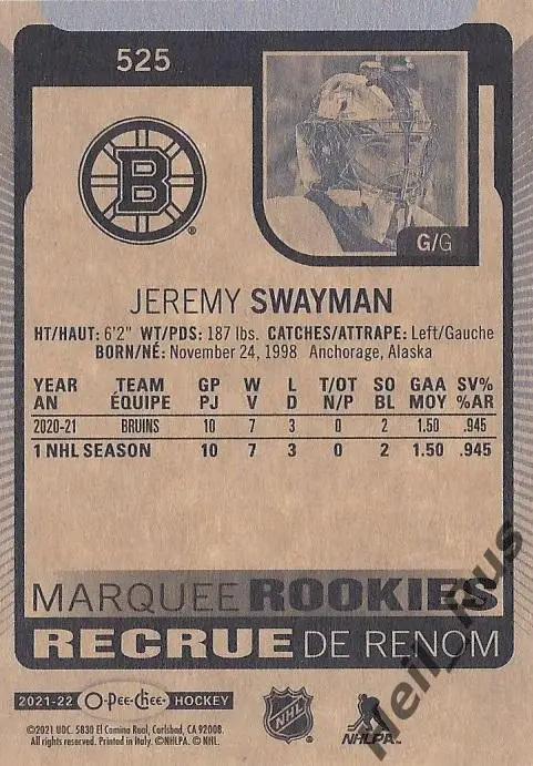 Хоккей. Карточка Jeremy Swayman/Джереми Суэймэн (Boston Bruins/Бостон) НХЛ/NHL 1