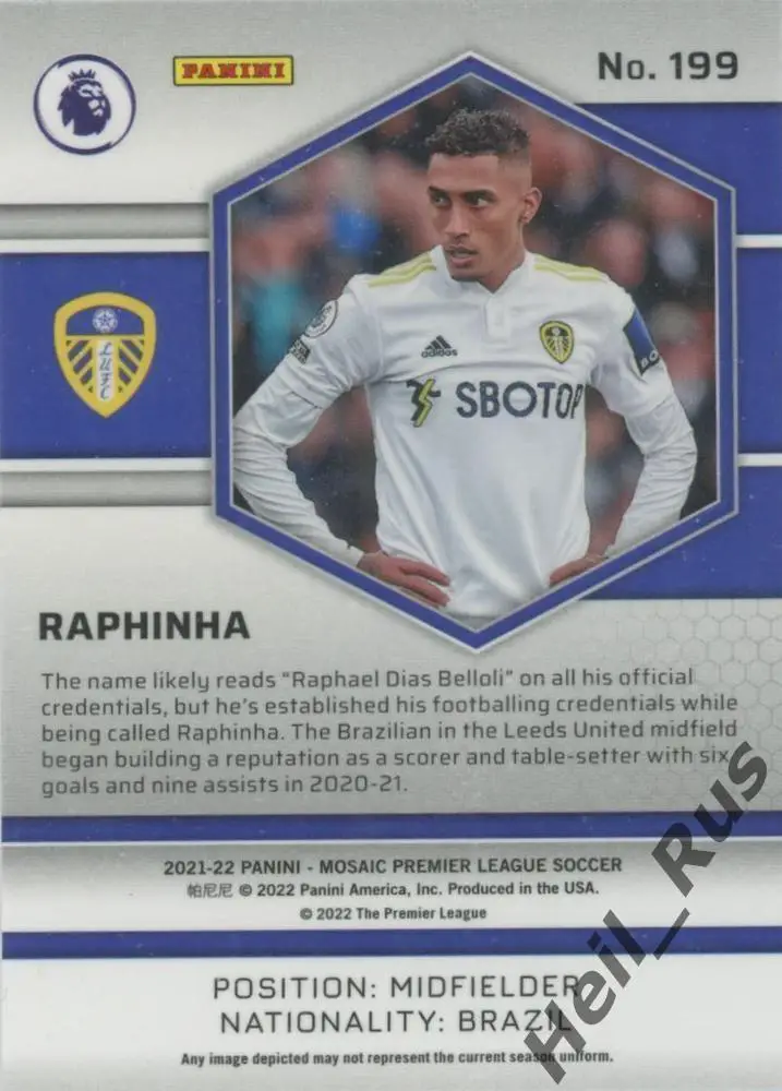 Футбол. Карточка Raphinha/Рафинья (Лидс Юнайтед, Барселона) АПЛ 2021-22 Panini 1