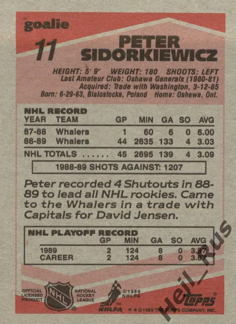 Карточка Peter Sidorkiewicz/Питер Сидоркевич (Hartford Whalers/Хартфорд) НХЛ/NHL 1