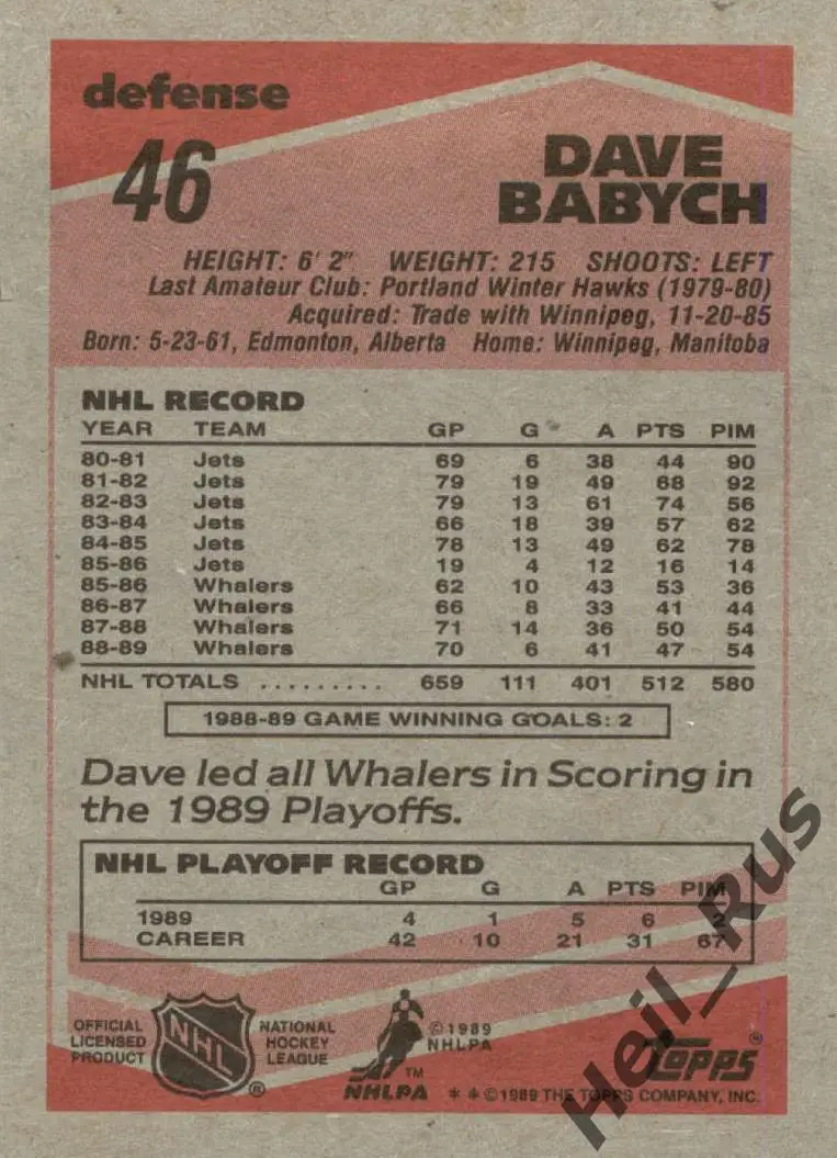 Хоккей Карточка Dave Babych/Дэйв Бабич Hartford Whalers/Хартфорд Уэйлерс НХЛ-NHL 1