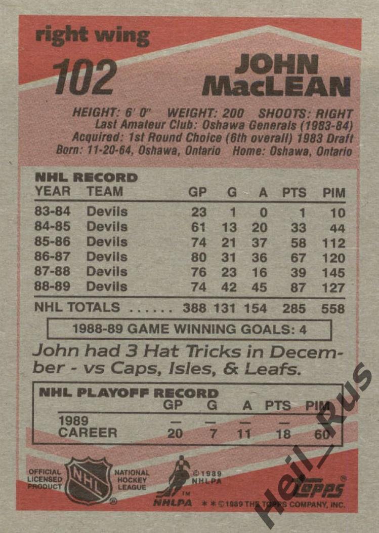 Карточка John MacLean/Джон Маклин (New Jersey Devils/Нью-Джерси Девилз) НХЛ/NHL 1