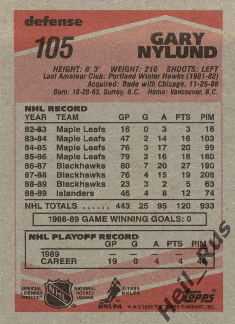 Карточка Gary Nylund/Гари Нилунд (New York Islanders/Нью-Йорк Айлендерс) НХЛ/NHL 1