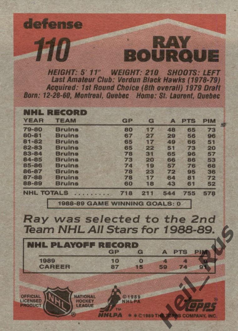 Хоккей; Карточка Ray Bourque/Рэй Бурк (Boston Bruins / Бостон Брюинз) НХЛ/NHL 1