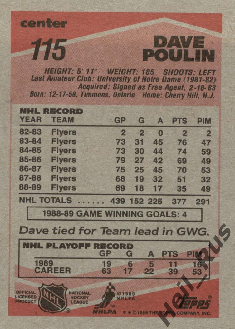 Хоккей. Карточка Dave Poulin/Дэйв Пулин Philadelphia Flyers/Филадельфия НХЛ/NHL 1