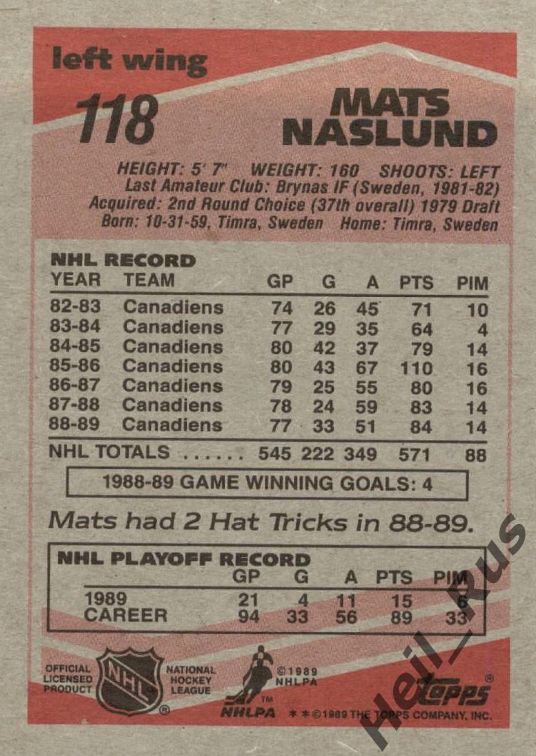 Хоккей. Карточка Mats Naslund/Матс Неслунд (Montreal Canadiens/Монреаль) НХЛ/NHL 1