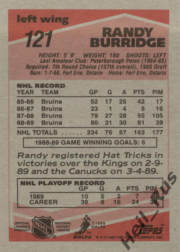 Хоккей Карточка Randy Burridge/Рэнди Барридж Boston Bruins/Бостон Брюинз НХЛ-NHL 1