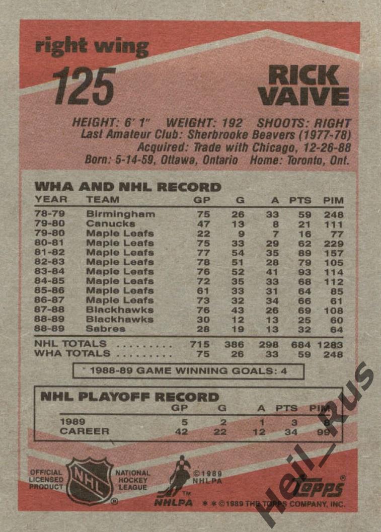 Хоккей. Карточка Rick Vaive/Рик Вэйв (Buffalo Sabres / Баффало Сейбрз) НХЛ/NHL 1