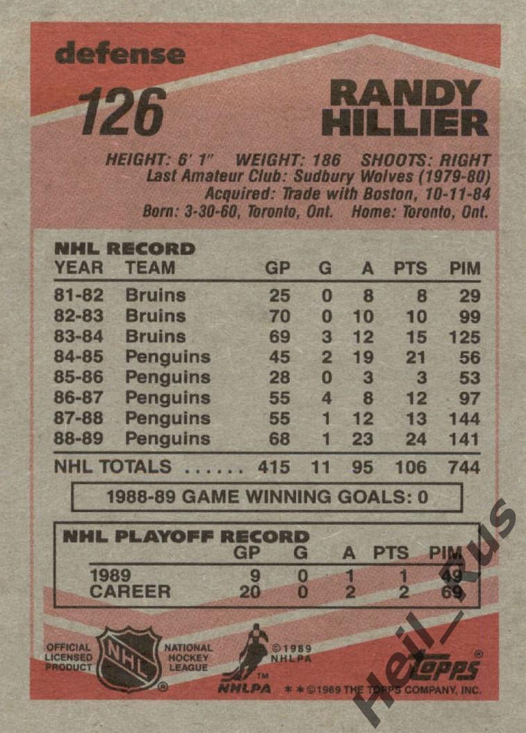 Хоккей Карточка Randy Hillier/Рэнди Хиллер Pittsburgh Penguins/Питтсбург НХЛ-NHL 1