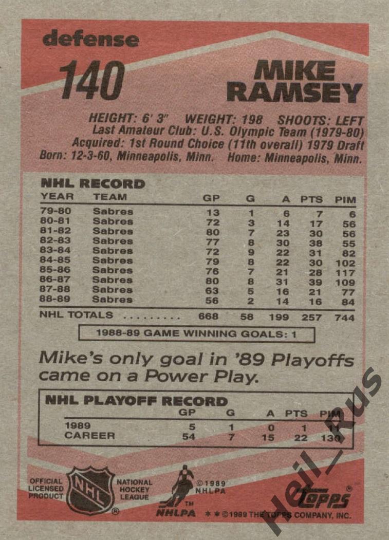 Хоккей Карточка Mike Ramsey/Майкл Рэмси (Buffalo Sabres/Баффало Сейбрз) НХЛ/NHL 1