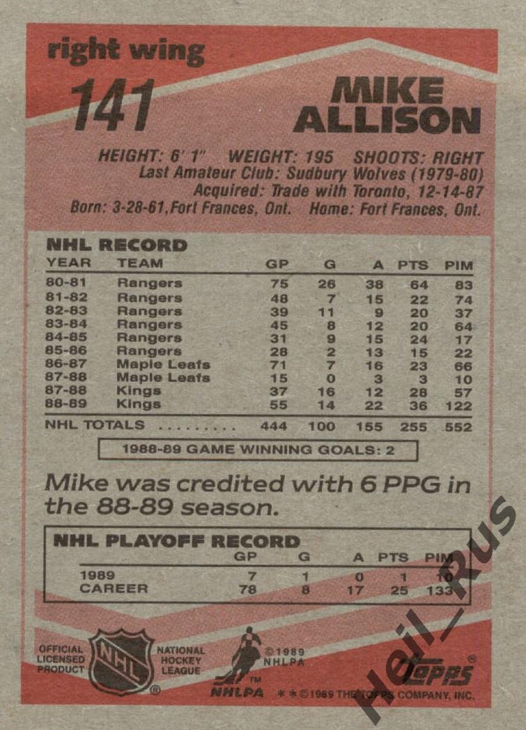 Карточка Mike Allison/Майк Эллисон Los Angeles Kings/Лос-Анджелес Кингз НХЛ/NHL 1