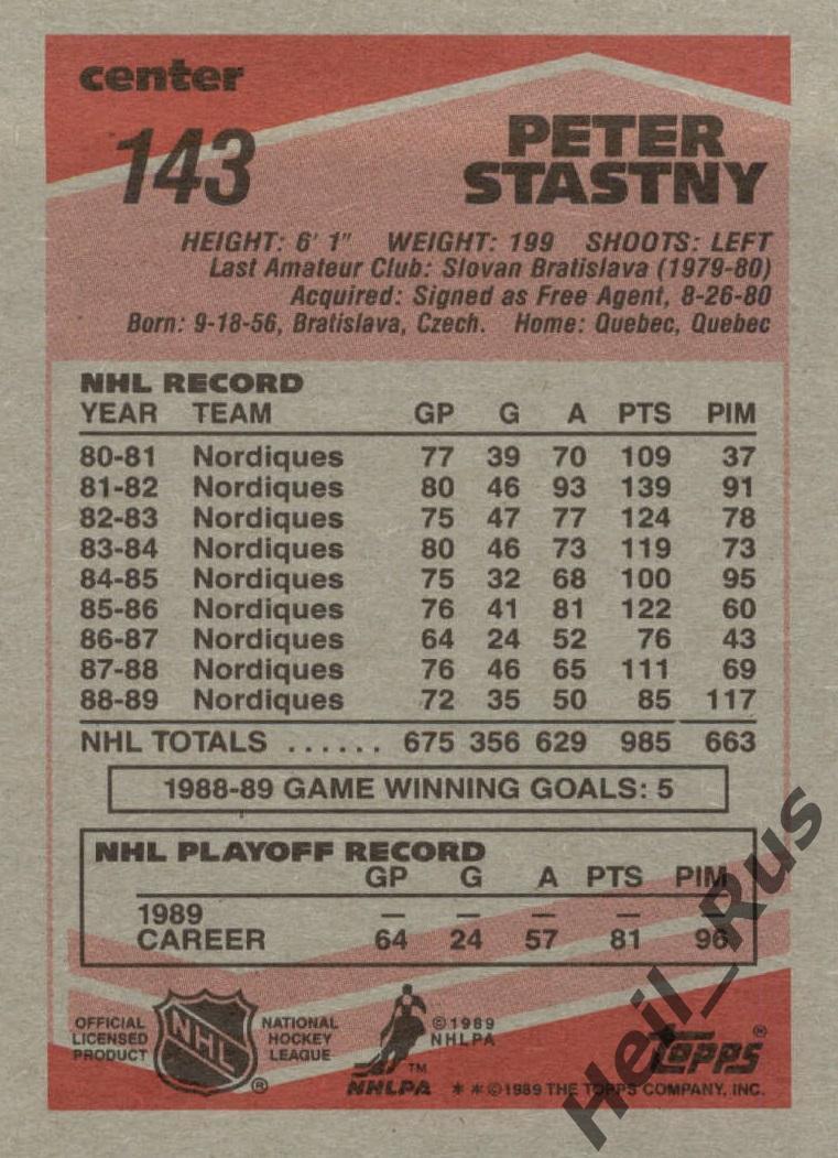 Хоккей. Карточка Peter Stastny/Петер Штястны (Quebec Nordiques/Квебек) НХЛ/NHL 1