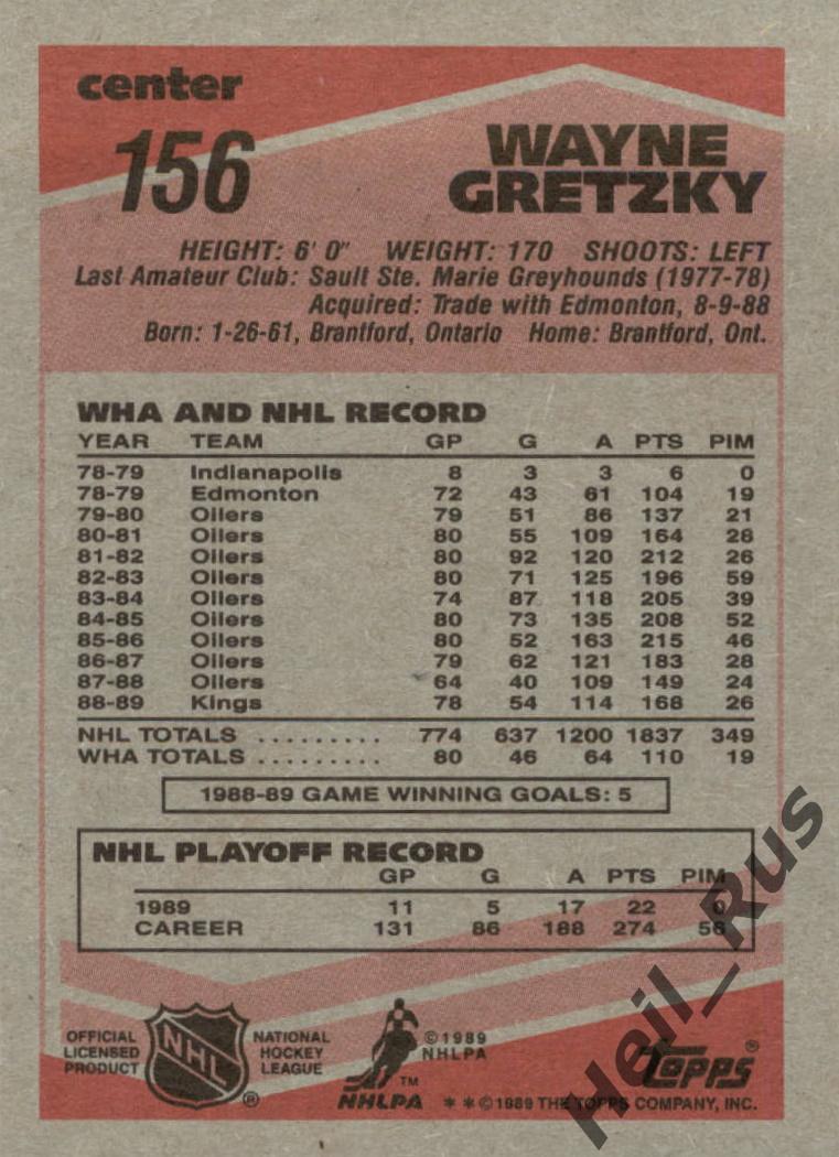 Карточка Wayne Gretzky/Уэйн Гретцки Los Angeles Kings/Лос-Анджелес Кингз НХЛ/NHL 1