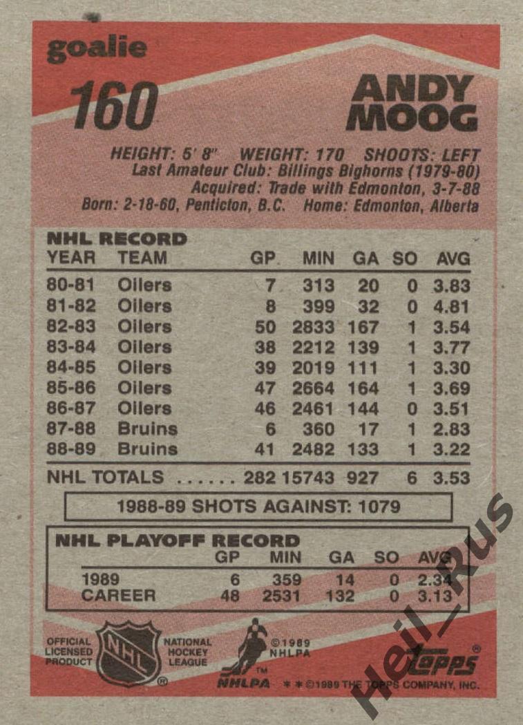 Хоккей Карточка Andy Moog/Энди Муг (Boston Bruins/Бостон Брюинз) НХЛ/NHL 1989-90 1