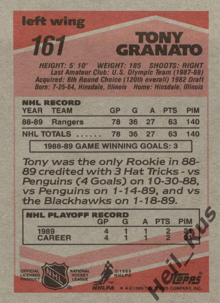 Карточка Tony Granato/Тони Гранато (New York Rangers/Нью-Йорк Рейнджерс) НХЛ/NHL 1