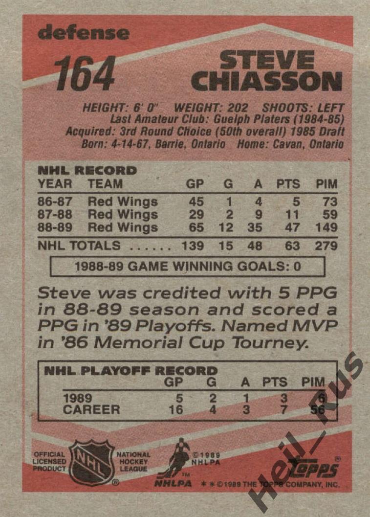 Хоккей. Карточка Steve Chiasson/Стив Чейссон Detroit Red Wings/Детройт НХЛ/NHL 1