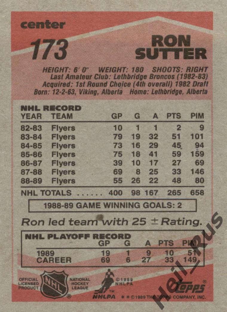Хоккей Карточка Ron Sutter/Рон Саттер (Philadelphia Flyers/Филадельфия) НХЛ/NHL 1