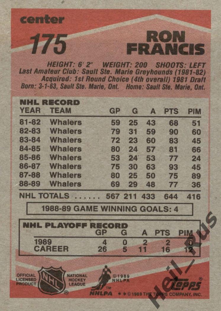 Хоккей. Карточка Ron Francis / Рон Фрэнсис (Hartford Whalers / Хартфорд) НХЛ/NHL 1
