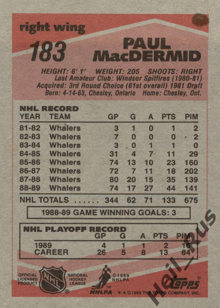 Хоккей. Карточка Paul MacDermid/Пол Макдермид Hartford Whalers/Хартфорд НХЛ/NHL 1