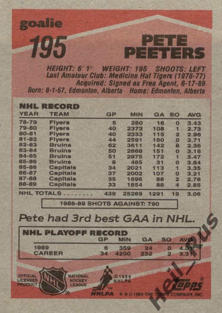 Хоккей Карточка Pete Peeters/Пит Питерс Philadelphia Flyers/Филадельфия НХЛ/NHL 1