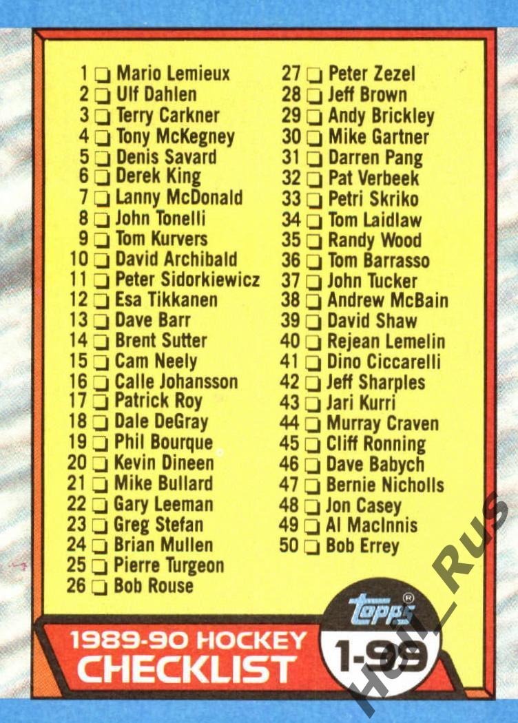 Хоккей. Карточка Checklist/Чеклист коллекции 1989-1990 TOPPS Hockey НХЛ/NHL