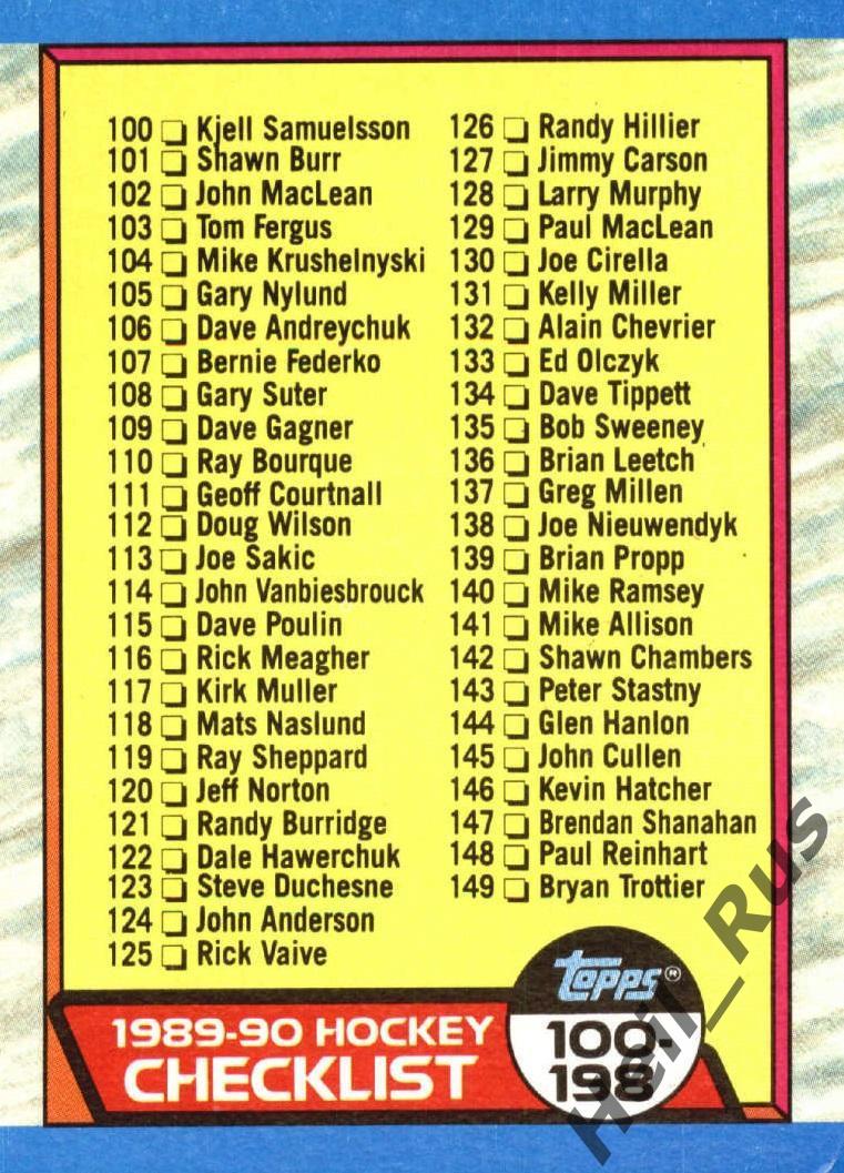 Хоккей. Карточка Checklist/Чеклист коллекции 1989-1990 TOPPS Hockey НХЛ/NHL