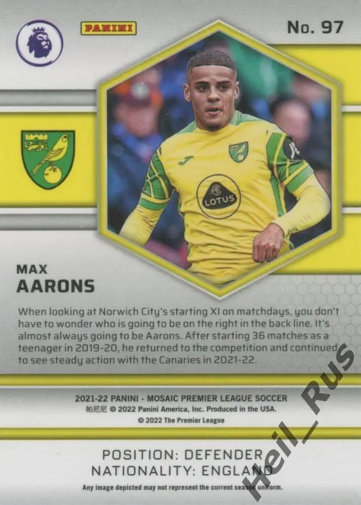 Футбол. Карточка Max Aarons/Макс Ааронс Норвич Сити, Борнмут АПЛ 2021-22 Panini 1