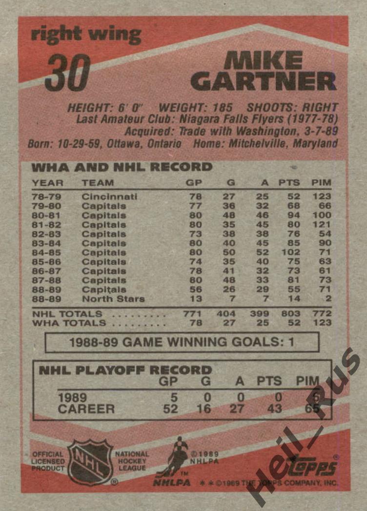 Карточка Mike Gartner/Майк Гартнер (Minnesota North Stars/Миннесота) НХЛ/NHL 1