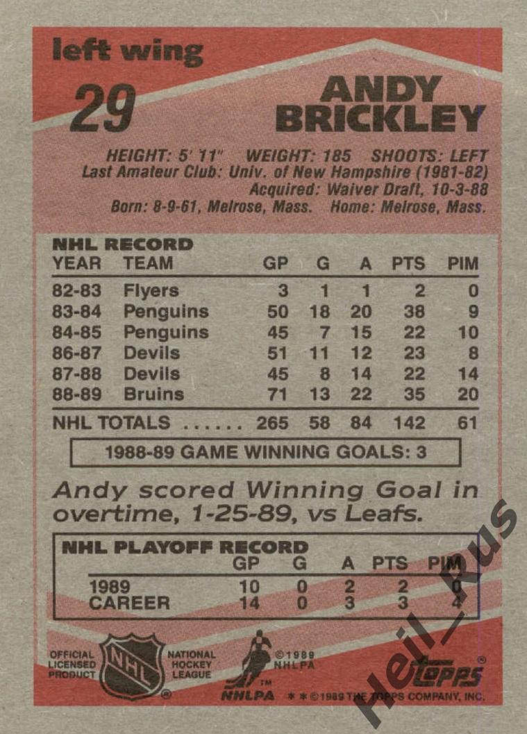 Хоккей. Карточка Andy Brickley/Энди Брикли (Boston Bruins/Бостон Брюинз) НХЛ/NHL 1